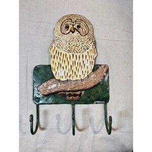 Hand Painted Owl Key Hooks Wall Mounted Metalwork Primitive Style